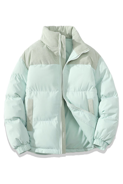 Winter Stand Collar Contrast-colored Coat Jacket For Men Women Clothing Light Cyan