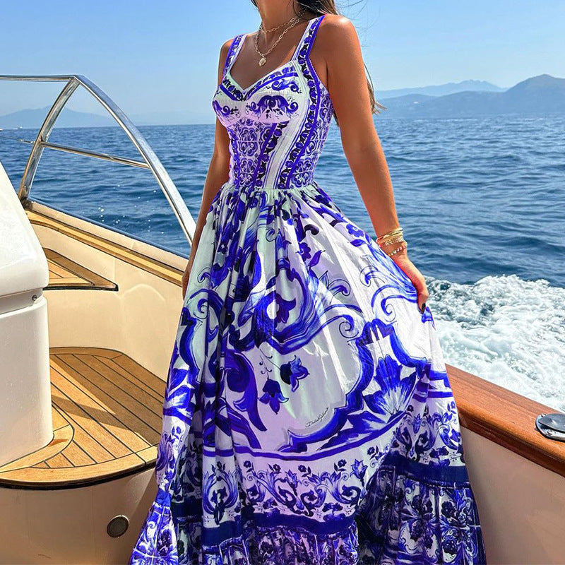 Printed Sleeveless Dress For Women Royal Blue