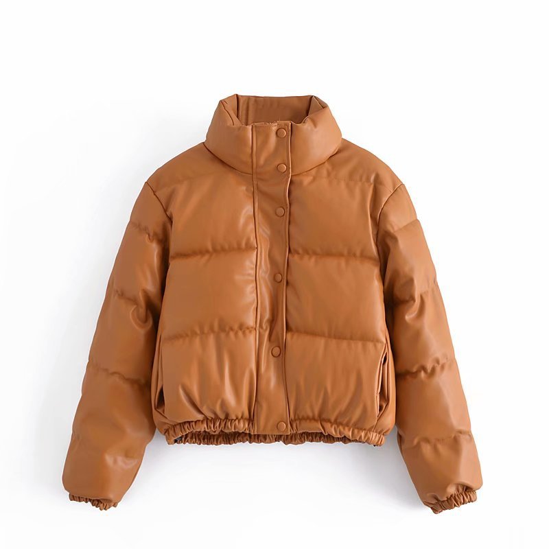 Winter Thick Warm Short Parkas Women Fashion Black PU Elegant Caramel colour