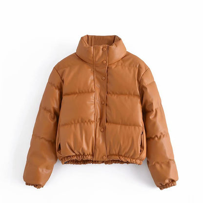 Winter Thick Warm Short Parkas Women Fashion Black PU Elegant Caramel colour