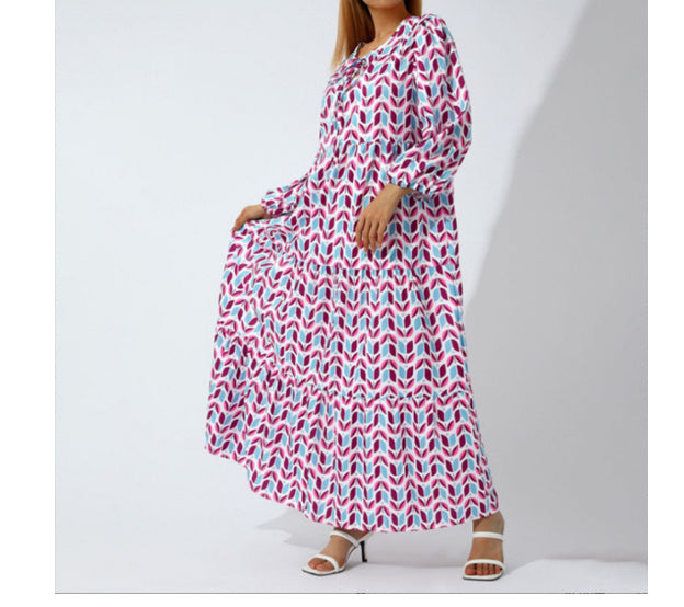 Summer Women's Vintage Printed Bohemian Dress Elegant Ladies Casual Loose V-Neck Short Sleeve Long Dresses Blue 2
