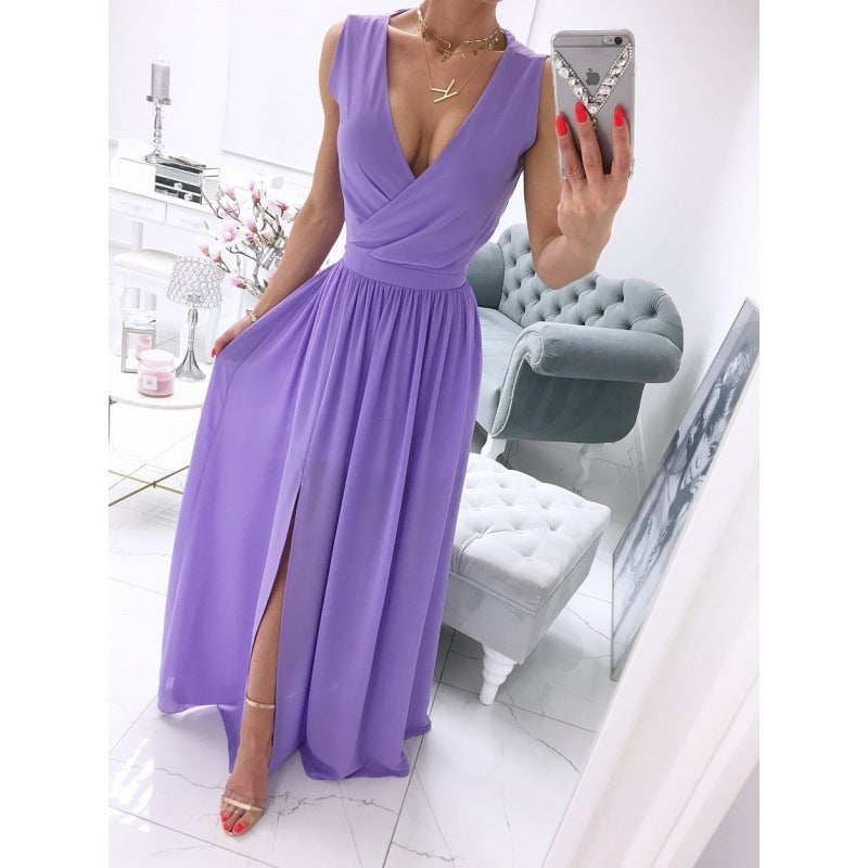 Women's Summer Sleeveless And Ankle Skirt Solid Color V-neck Front Split Long Dress Purple
