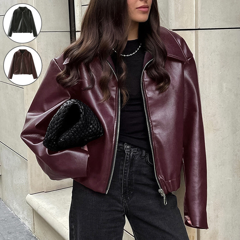 Solid Color Lapel Zipper Jacket Fashion Leather Coat Tops Women Clothing