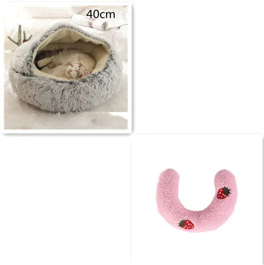 2 In 1 Dog And Cat Bed Pet Winter Bed Round Plush Warm Bed Grey 40cm SetC