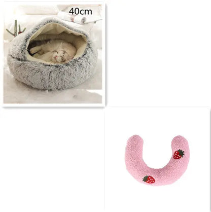 2 In 1 Dog And Cat Bed Pet Winter Bed Round Plush Warm Bed Grey 40cm SetC