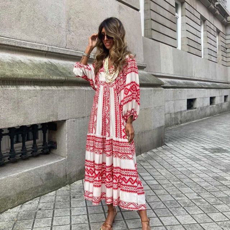 Summer Women's Vintage Printed Bohemian Dress Elegant Ladies Casual Loose V-Neck Short Sleeve Long Dresses Wine Red