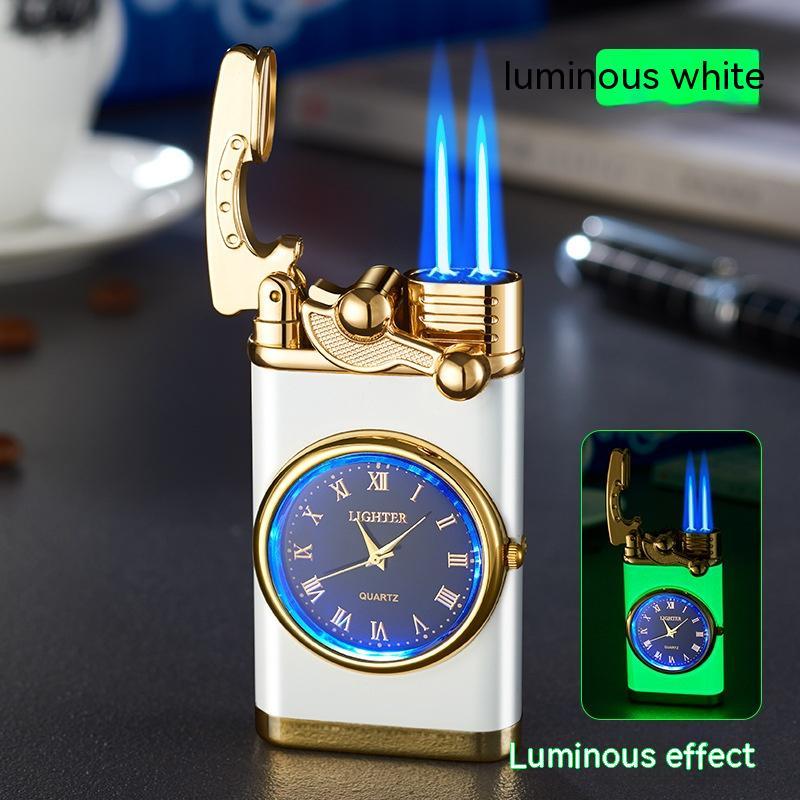 New Lighter With Electric Watch Rocker Arm Automatic Ignition Straight Blue Flame Lighter Luminous white Double flame