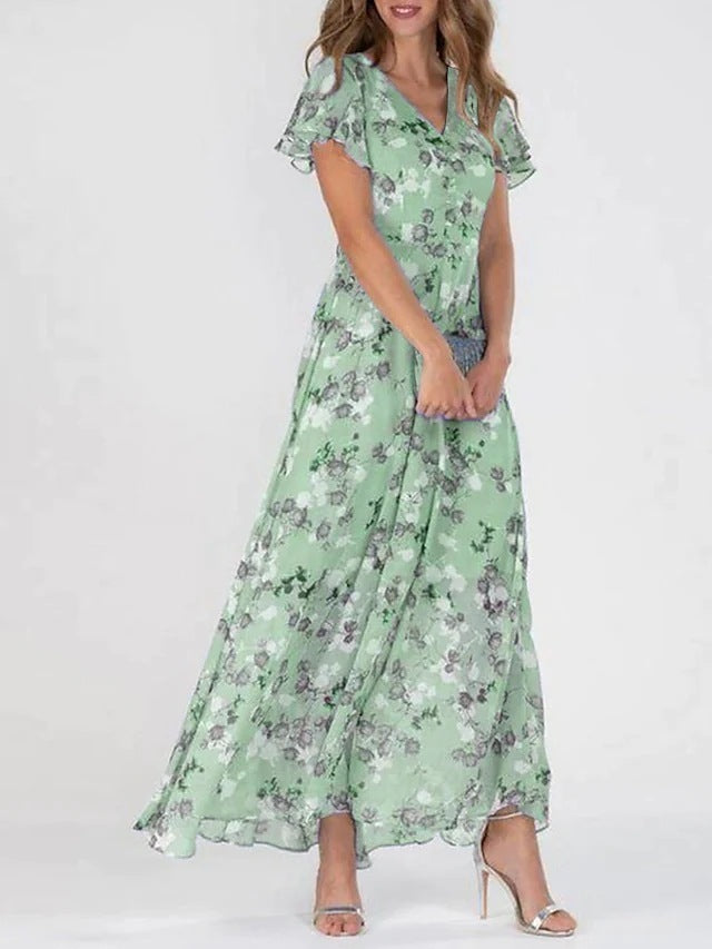 Flowers Print Short Sleeve Dress Summer Fashion Ruffle Beach Dresses Women's Clothing Green