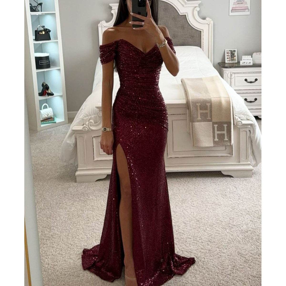 Party Sequins Off-neck Split Dress INS Casual Fashion Dress Women Wine Red