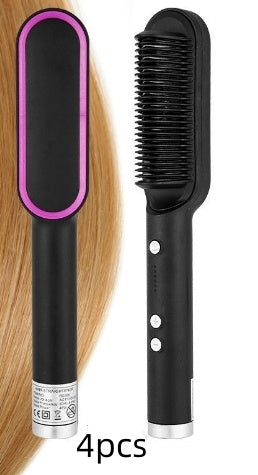 New 2 In 1 Hair Straightener Hot Comb Negative Ion Curling Electric Hair Brush 4pcs Black US