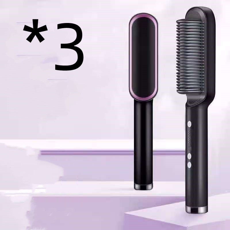 New 2 In 1 Hair Straightener Hot Comb Negative Ion Curling Electric Hair Brush 3pcs A Black US With box