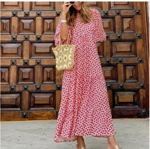 Summer Women's Vintage Printed Bohemian Dress Elegant Ladies Casual Loose V-Neck Short Sleeve Long Dresses Red
