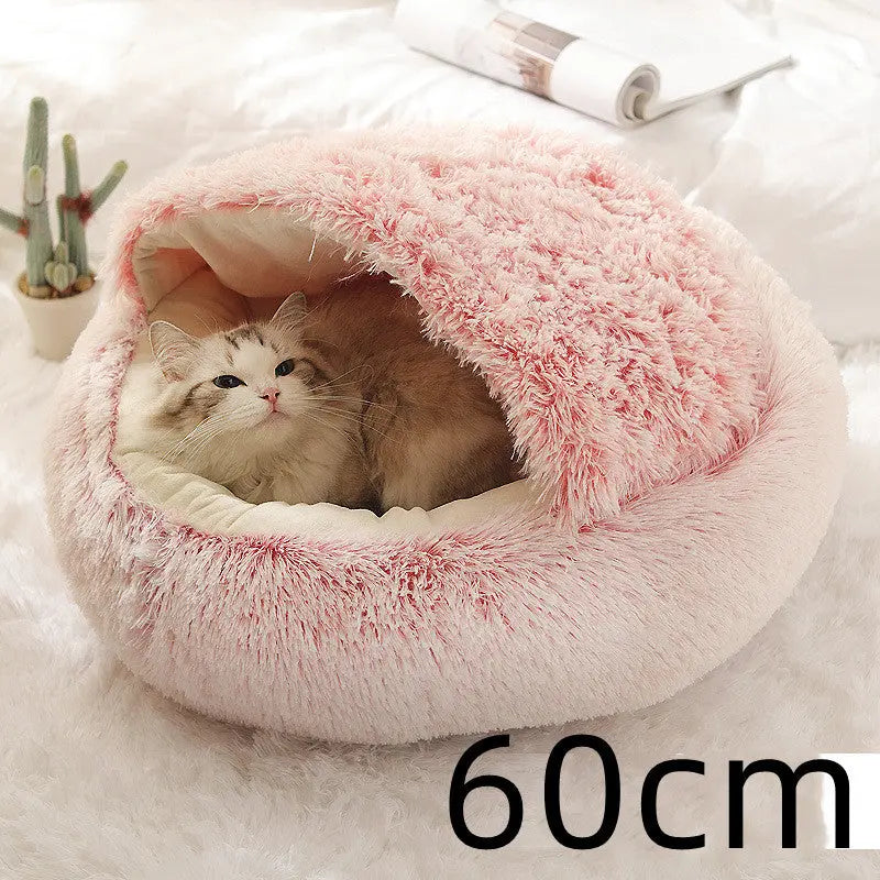 2 In 1 Dog And Cat Bed Pet Winter Bed Round Plush Warm Bed Pink