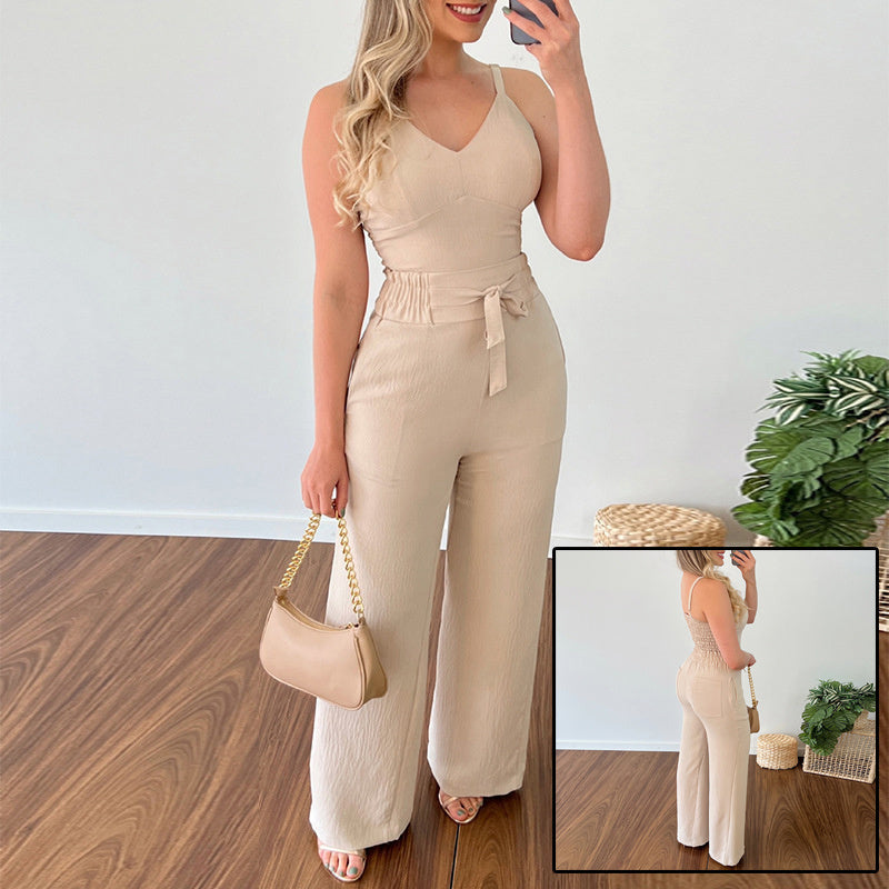 Women's Solid Color Slim Elastic Pleated Two-Piece Suit Sexy V-neck Pants Suit