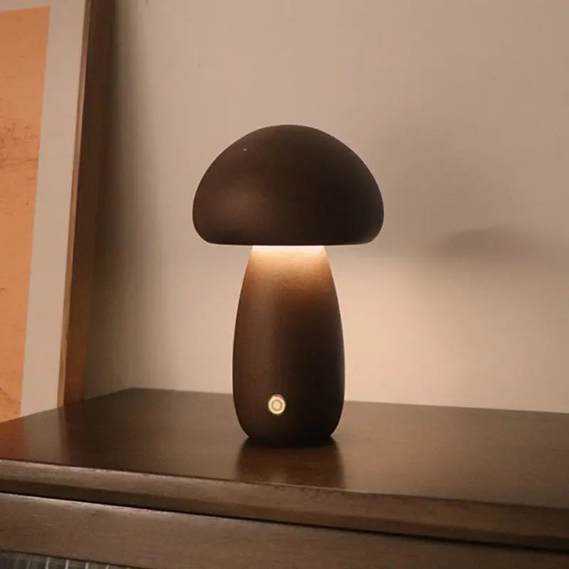 INS Wooden Cute Mushroom LED Night Light With Touch Switch B Walnut color 2.4W