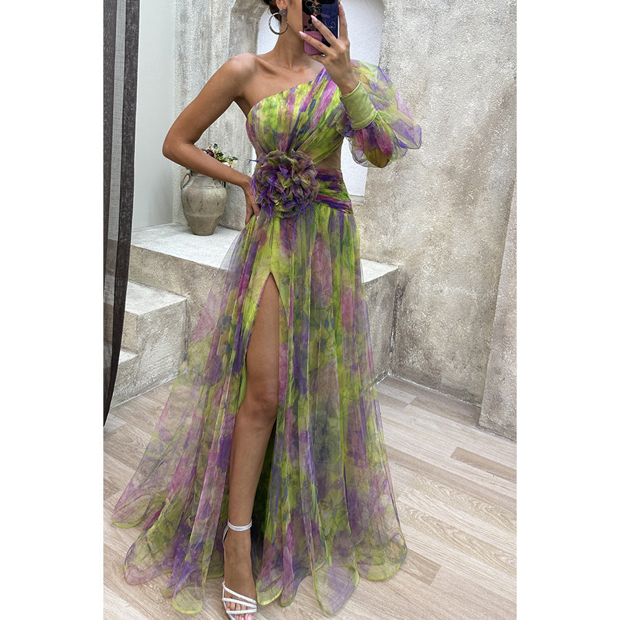 Mesh Tie-dye Printed Off-shoulder Slit Dress Summer Party Womens Clothing Green