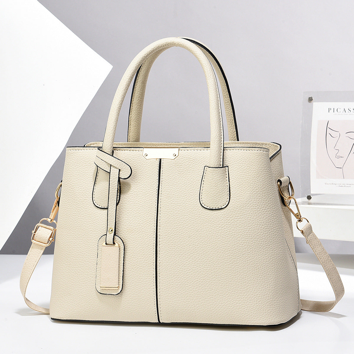 Women PU Leather Handbags Ladies Large Capacity Shoulder Bags New Fashion Crossbody Bags Beige 30x21x13