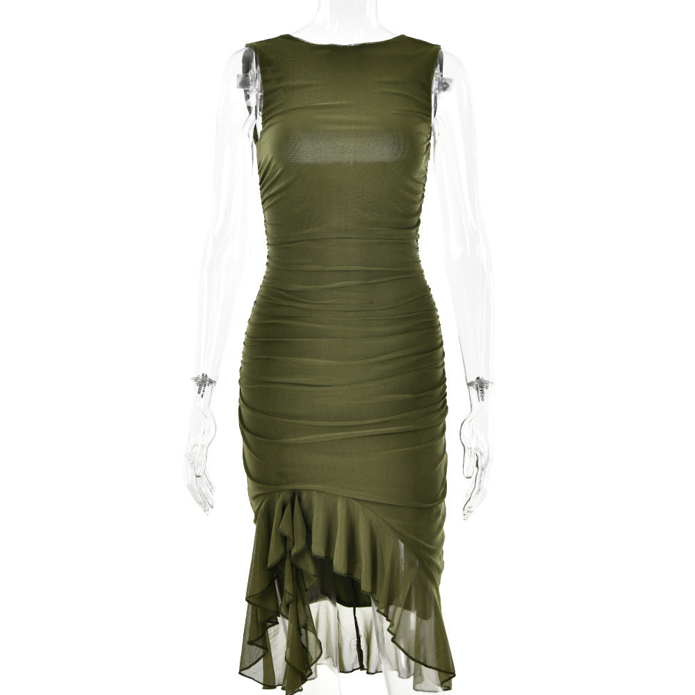 Summer Slim Skinny Sleeveless Dress For Women Army Green