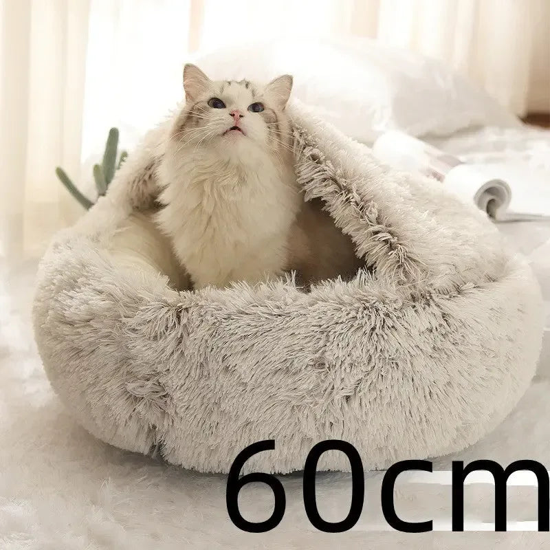 2 In 1 Dog And Cat Bed Pet Winter Bed Round Plush Warm Bed Brown