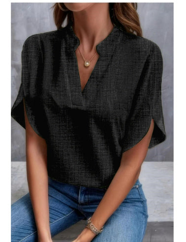 Summer Short-sleeved Chiffon Shirt New V-neck Shirt Women's Casual Versatile Clothing Black A