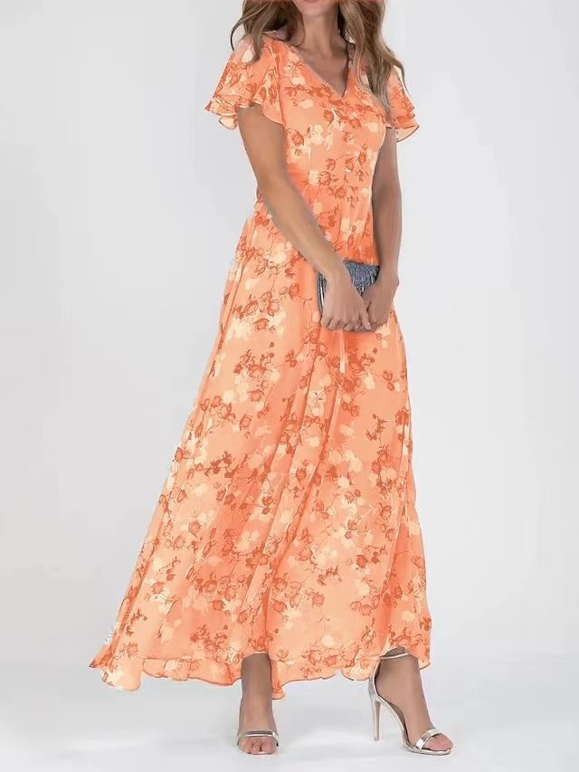 Flowers Print Short Sleeve Dress Summer Fashion Ruffle Beach Dresses Women's Clothing Orange