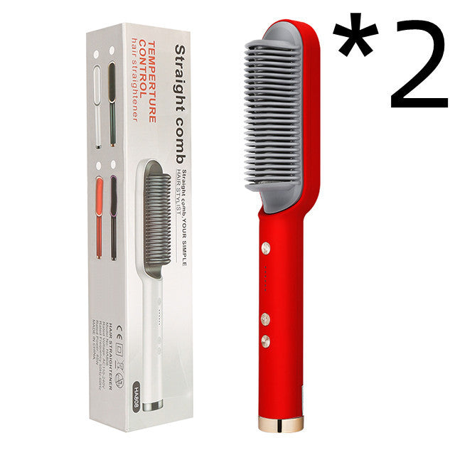 New 2 In 1 Hair Straightener Hot Comb Negative Ion Curling Electric Hair Brush 2pcs Red US With box