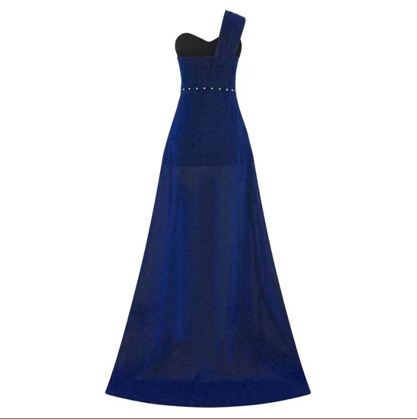 Women's Clothing One-shoulder Sleeveless Bronzing Split Dress Blue