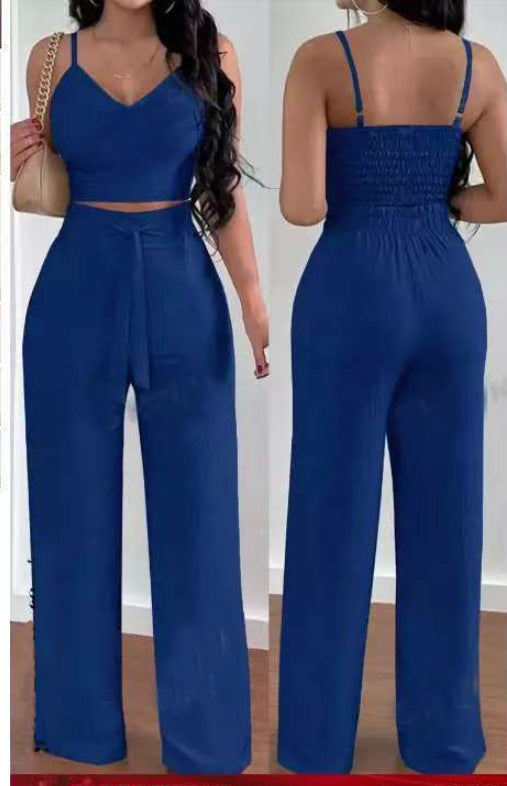 Women's Solid Color Slim Elastic Pleated Two-Piece Suit Sexy V-neck Pants Suit Sapphire Blue