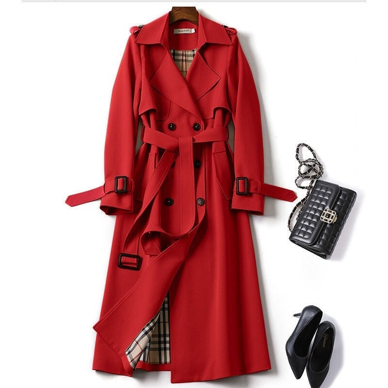 Double-breasted Mid-length Tie Trench Coat Red