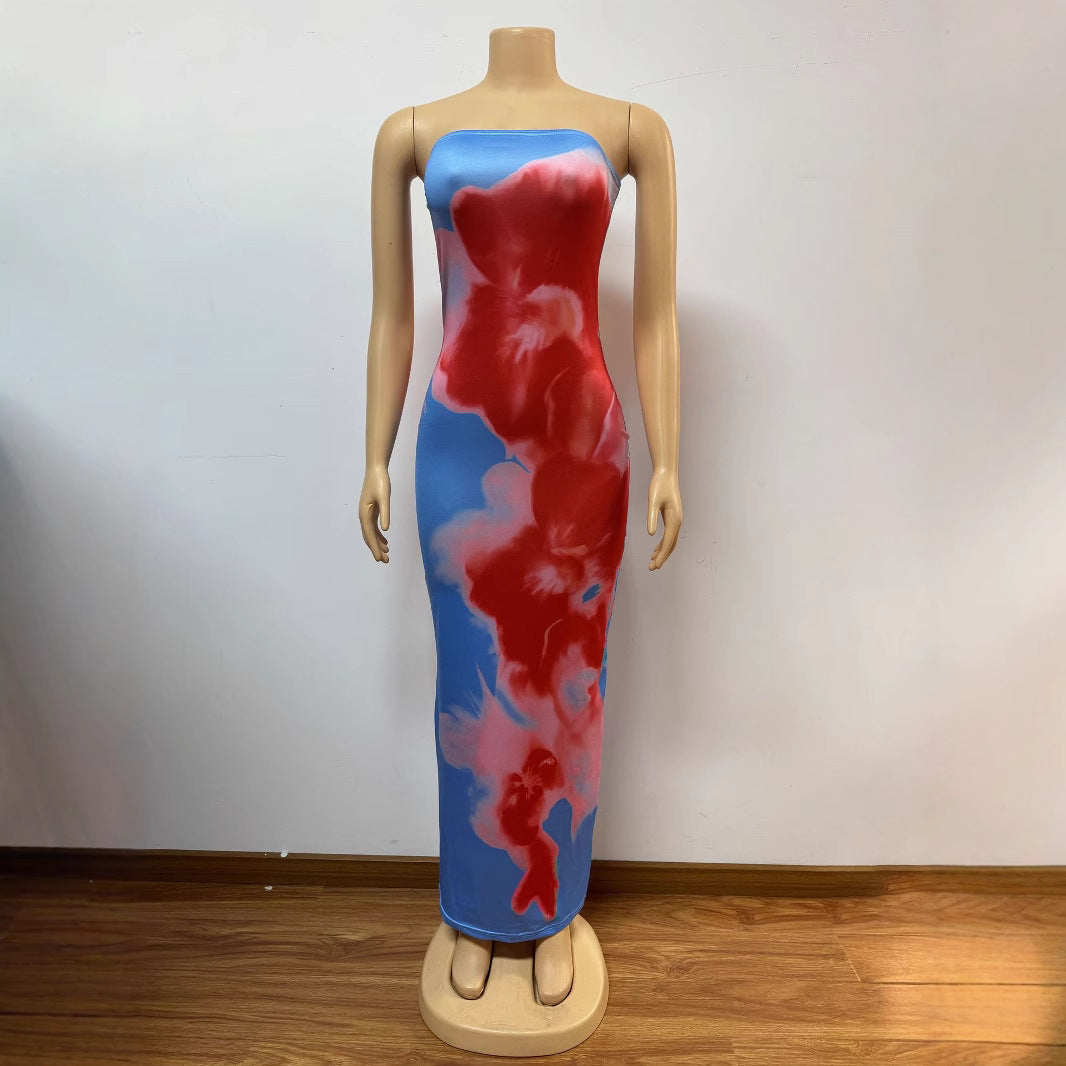 Contrast Color Floral Sexy Tube Top Dress