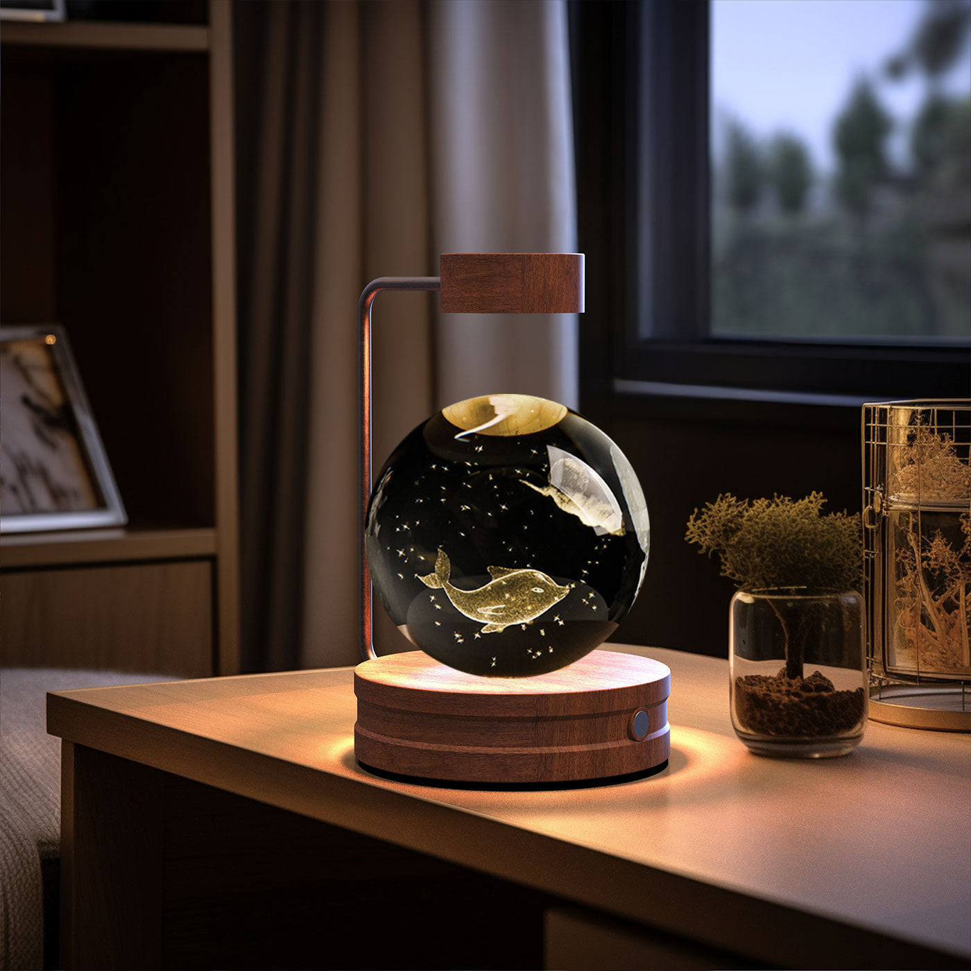 Crystal Ball Cosmic Dinosaur Indoor Night Light Spiritual Dolphins Dark wood