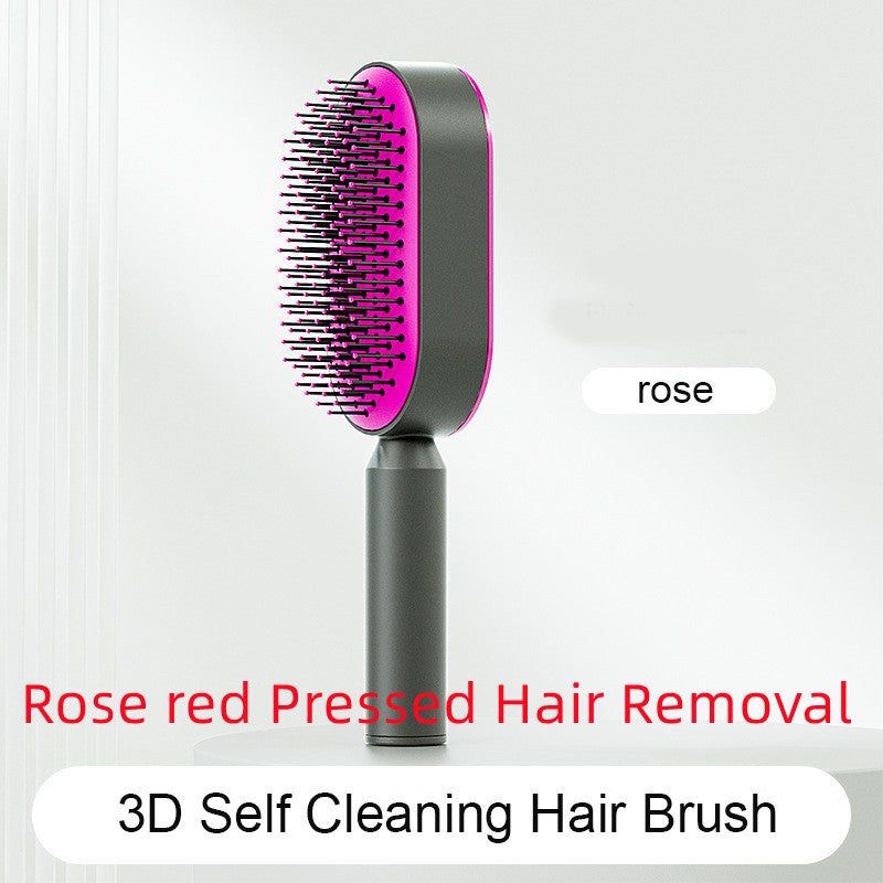 Self Cleaning Hair Brush For Women Massage Scalp Comb Anti-Static Hairbrush Rose red Pressed Hair Removal
