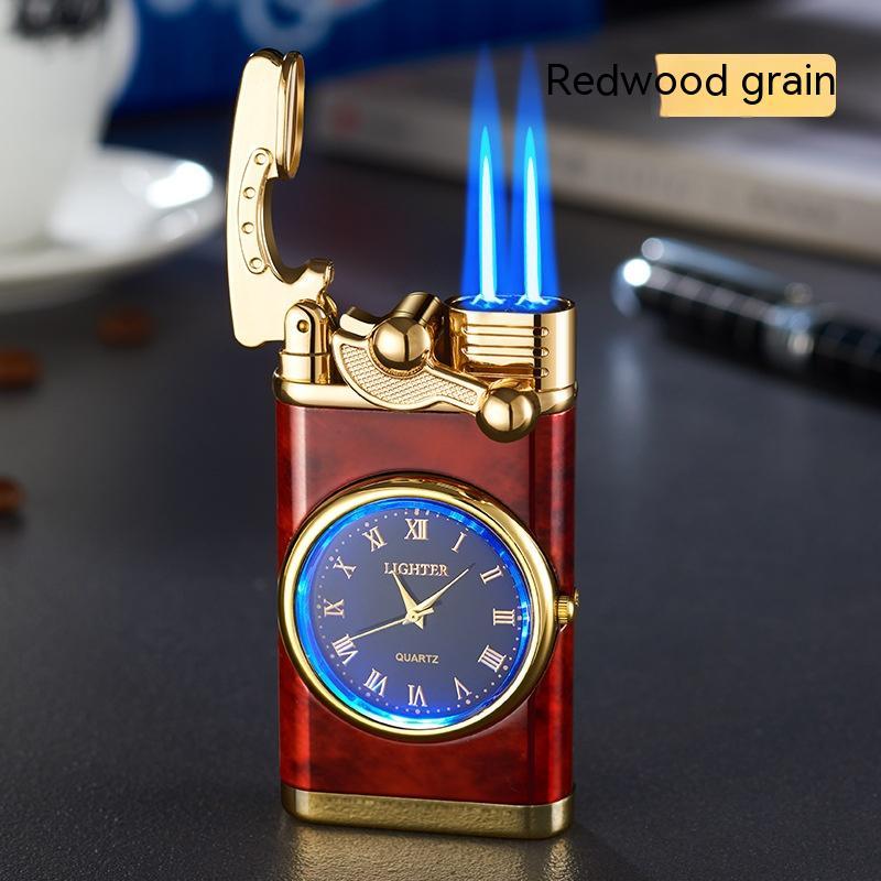New Lighter With Electric Watch Rocker Arm Automatic Ignition Straight Blue Flame Lighter A mahogany grain Double flame