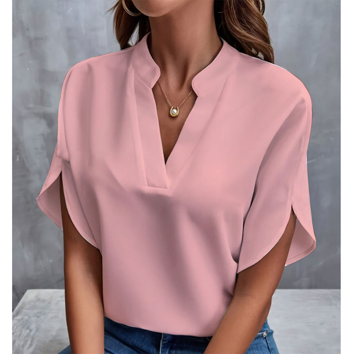 Summer Short-sleeved Chiffon Shirt New V-neck Shirt Women's Casual Versatile Clothing Pink