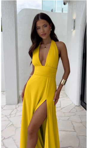 Sexy Halterneck V-neck Slit Dress Summer Clothing Women Yellow