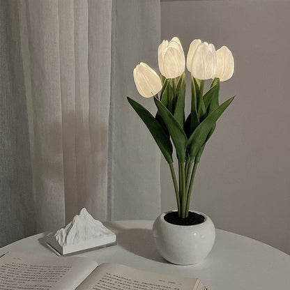 LED Tulip Flower Night Light Artificial Flowerpot Potted Plant Landscape Table Lamp White 6heads Battery