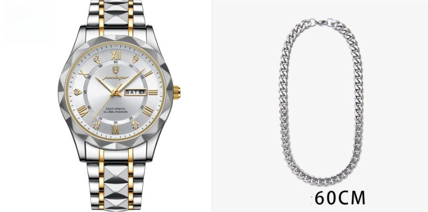 Men's Waterproof Double Calendar Luminous Quartz Watch 3style With Necklace