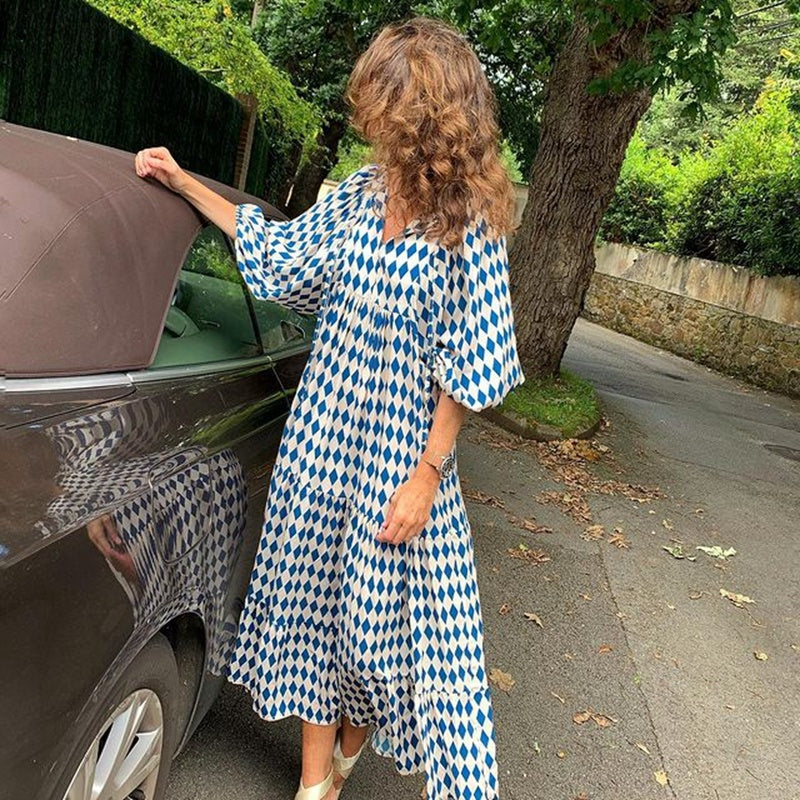 Summer Women's Vintage Printed Bohemian Dress Elegant Ladies Casual Loose V-Neck Short Sleeve Long Dresses Sky Blue