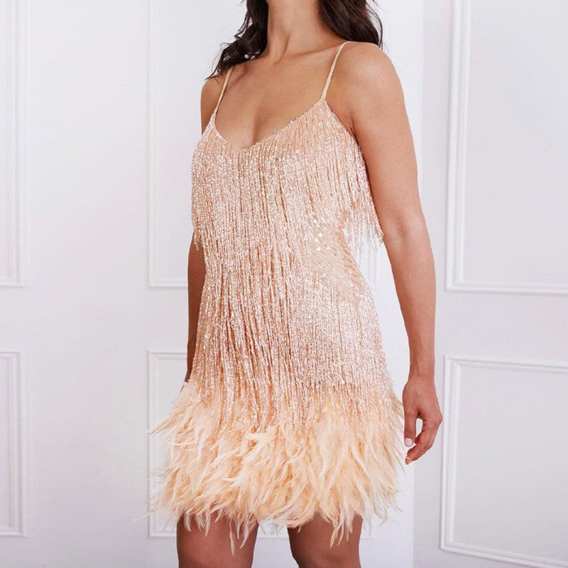 Sexy Tassel Sequins Feather Summer Mini Dress Women Elegant Evening Party Club Dress Beige