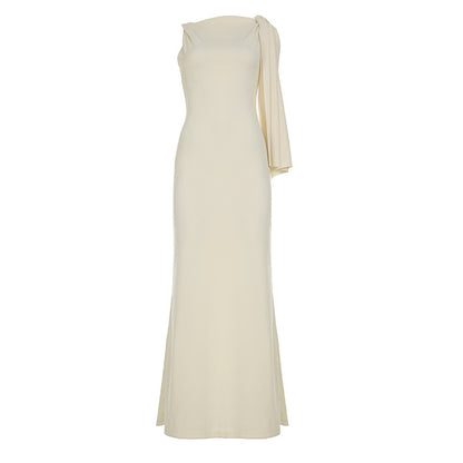 Pure Desire Style Off-shoulder Diagonal Collar Lace-up Dress Skin Color