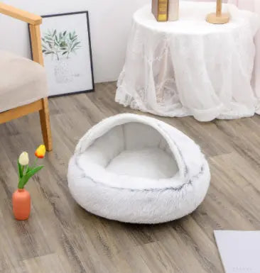 2 In 1 Dog And Cat Bed Pet Winter Bed Round Plush Warm Bed Grey60cm
