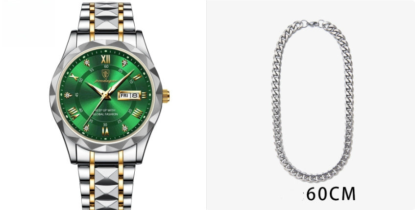 Men's Waterproof Double Calendar Luminous Quartz Watch 4style With Necklace