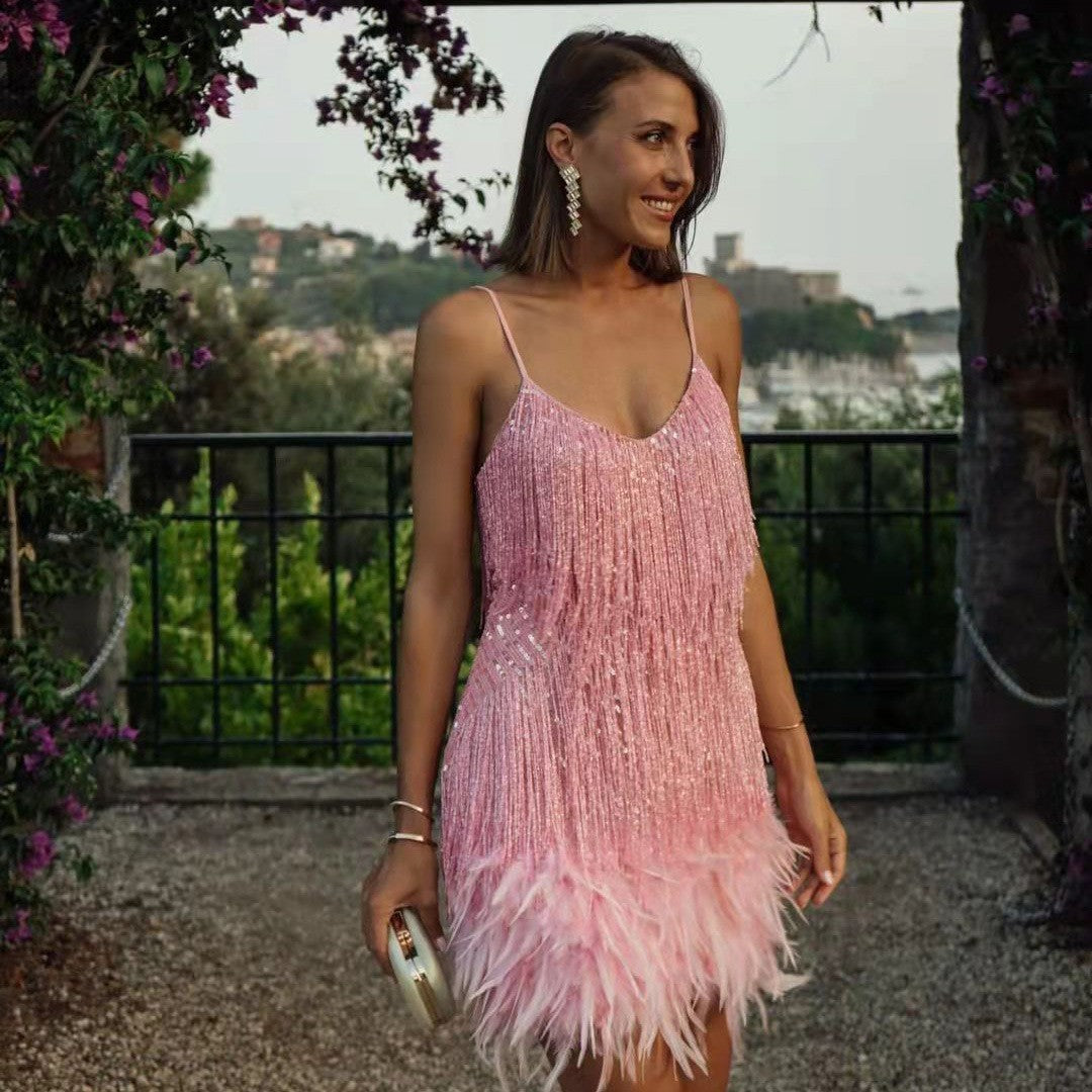 Sexy Tassel Sequins Feather Summer Mini Dress Women Elegant Evening Party Club Dress Pink