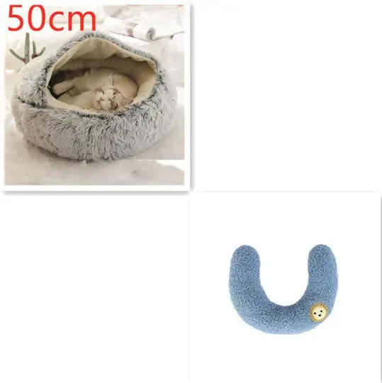 2 In 1 Dog And Cat Bed Pet Winter Bed Round Plush Warm Bed Grey50cm SetD
