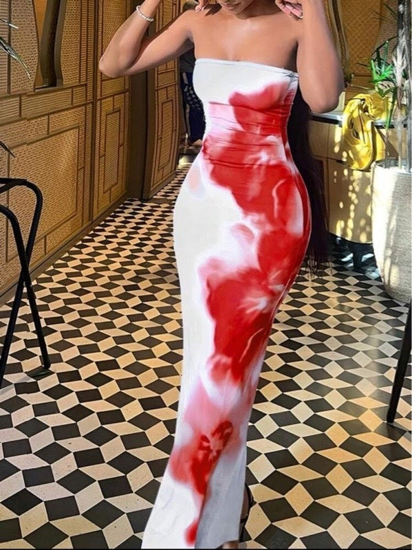 Contrast Color Floral Sexy Tube Top Dress White