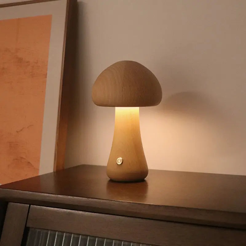 INS Wooden Cute Mushroom LED Night Light With Touch Switch A Beech 2.4W