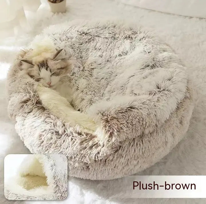 2 In 1 Dog And Cat Bed Pet Winter Bed Round Plush Warm Bed Coffee plush 80cm