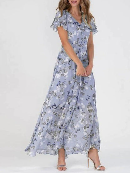 Flowers Print Short Sleeve Dress Summer Fashion Ruffle Beach Dresses Women's Clothing Purple