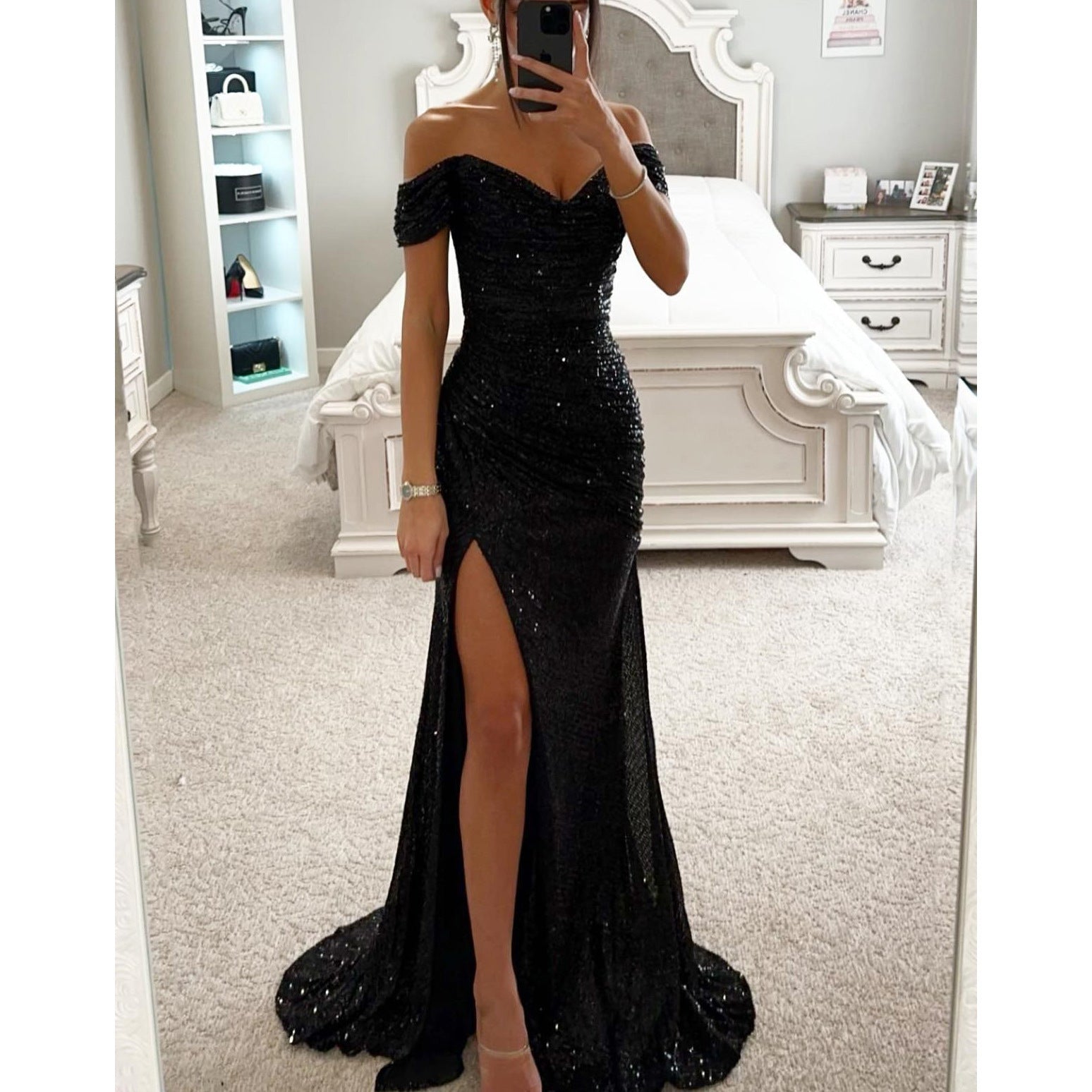 Party Sequins Off-neck Split Dress INS Casual Fashion Dress Women Black