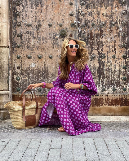 Summer Women's Vintage Printed Bohemian Dress Elegant Ladies Casual Loose V-Neck Short Sleeve Long Dresses Purple
